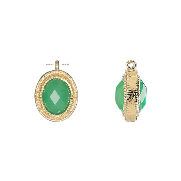 Drop, chalcedony (dyed) and gold-finished sterling silver, sea green 13x11mm double-sided faceted oval. Sold individually. image number 0