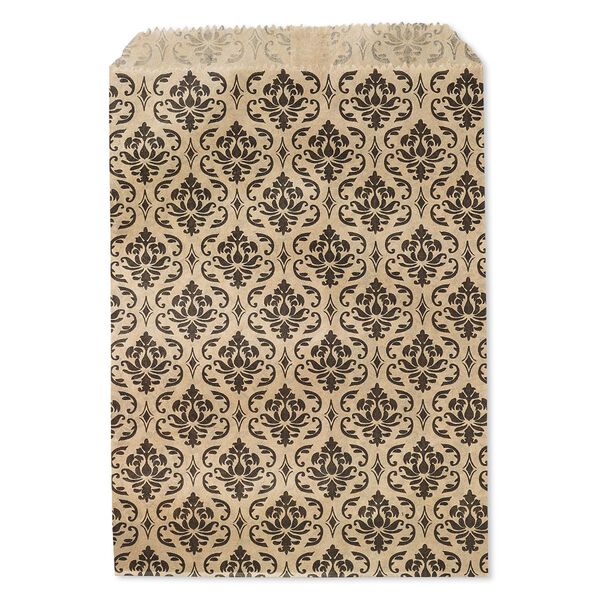 Bag, paper, brown and black, 7x5 inches with damask print and scalloped top edge. Sold per pkg of 100. image number 0