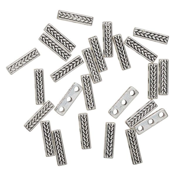 Spacer bar, 3-strand, antique silver-finished "pewter" (zinc-based alloy), 15x4mm double-sided rectangle with woven design, fits up to 5.5mm beads. Sold per pkg of 25. image number 0