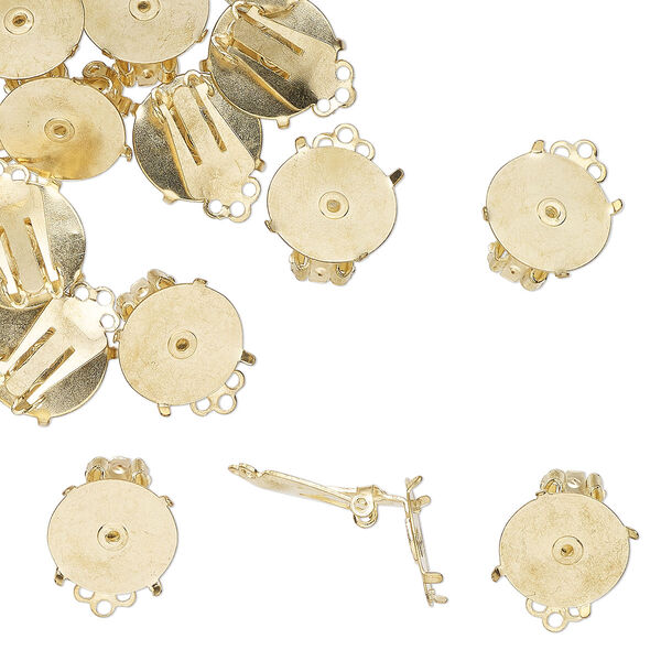 Earclip, gold-finished "pewter" (zinc-based alloy) and steel, 17mm round with 16mm setting. Sold per pkg of 12 pairs. image number 0