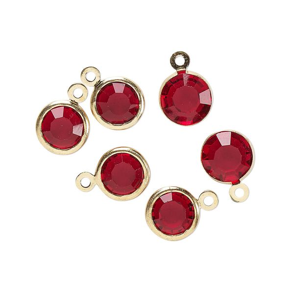 Drop, glass rhinestone and gold-finished brass, garnet red, 8-9mm faceted round. Sold per pkg of 6. image number 0