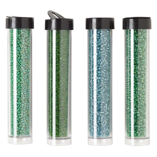 Seed bead assortment, Ming Tree™, glass, pkg/(4) 4 x 3/4 inch vials, #11 round, opaque and transparent silver-lined rainbow teal and green. image number 0