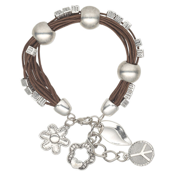 Bracelet, multi-strand, waxed cotton / antique silver-plated steel / "pewter" (zinc-based alloy), silver and brown, 13mm wide, 7 inches with 1-1/2 inch extender chain and lobster claw clasp. Sold individually. image number 0