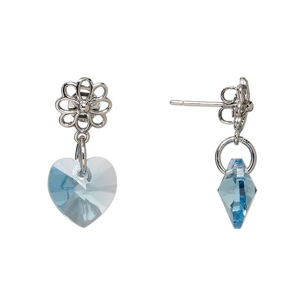 Earring, Everyday Jewelry™, Crystal Passions® and silver-plated "pewter", aquamarine, 21mm with flower and heart. Sold per pair. image number 0