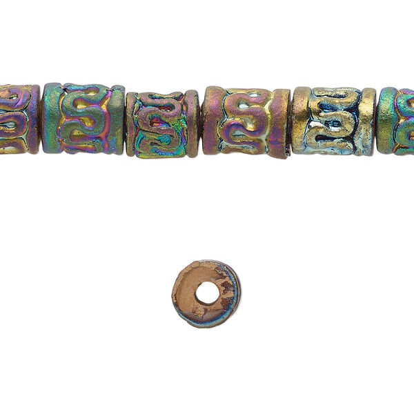 Bead, pressed clay, rainbow, 8x7mm-9x8mm handmade textured tube. Sold per 16-inch strand, approximately 45 beads. image number 0