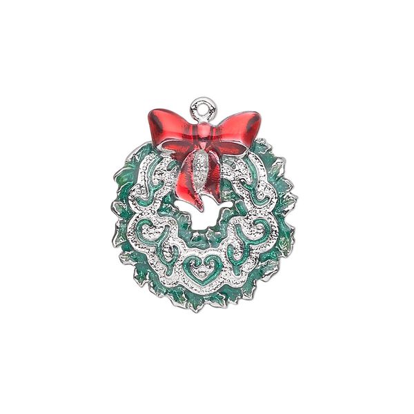 Charm, enamel and silver-plated "pewter" (zinc-based alloy), red and green, 22x20mm single-sided wreath with bow. Sold individually. image number 0