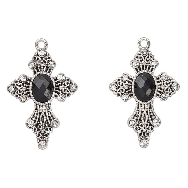 Focal, antique silver-finished "pewter" (zinc-based alloy) and glass, clear and black, 30x26mm fancy cross. Sold per pkg of 2. image number 0