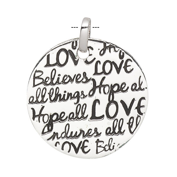 Pendant, sterling silver and enamel, black, 30mm round with "LOVE Believes all things" and "Hope Endures all things." Sold individually. image number 0