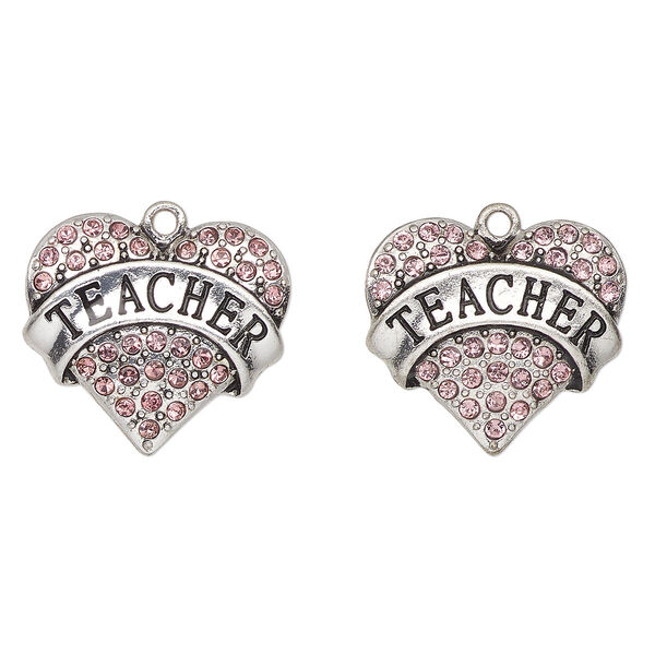 Charm, antique silver-finished enamel "pewter" (zinc-based alloy) and glass, pink and black, 24x23mm heart with "Teacher". Sold per pkg of 2. image number 0