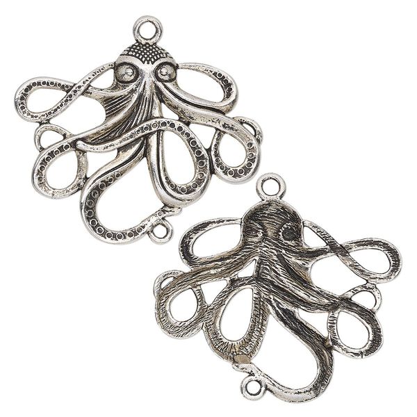 Focal, antique silver-finished "pewter"(zinc-based alloy), 50x41mm single-sided octopus with 2 loops. Sold per pkg of 2. image number 0