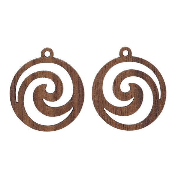 Drop, wood (natural), 19mm single-sided left- and right-facing flat round with cutout swirl design. Sold per pkg of 2. image number 0