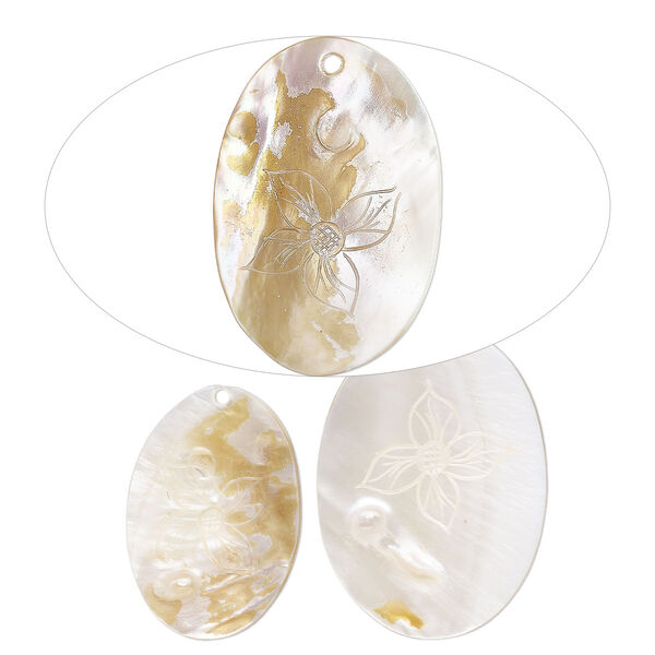 Focal, mother-of-pearl shell (natural/bleached), 54x38mm-68x50mm hand-carved oval with flower design, Mohs hardness 3-1/2. Sold per pkg of 3. image number 0