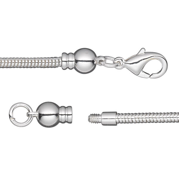 Dione® Easy-On Chain, silver-plated brass, 2.6mm snake, 8 inches with 3.3mm threaded ball end and lobster claw clasp. Sold individually. image number 0