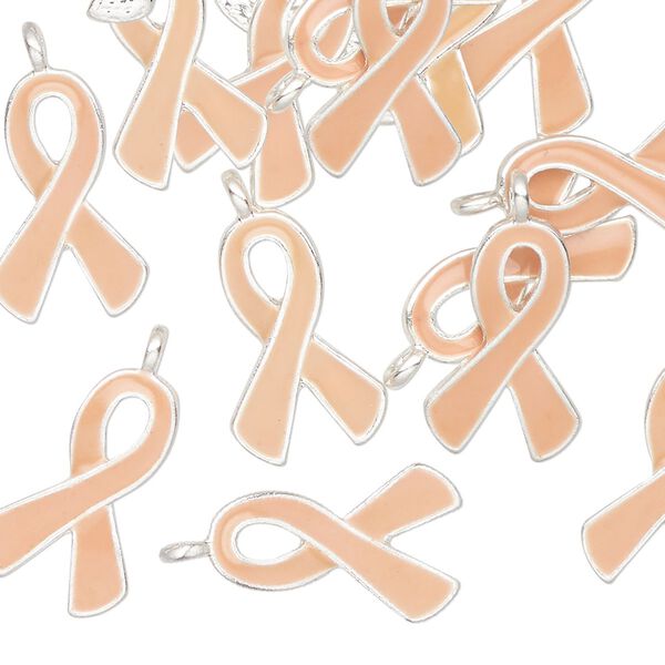 Charm, silver-finished enamel "pewter" (zinc-based alloy), light peach, 17x11mm single-sided awareness ribbon. Sold per pkg of 12. image number 0