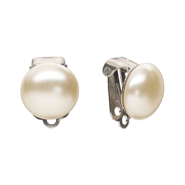 Clip-on, stainless steel and acrylic pearl, off-white, 11mm. Sold per pair. image number 0