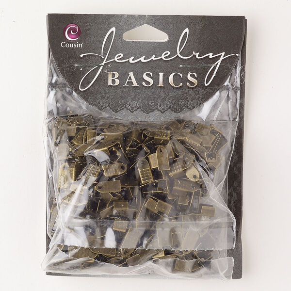 Cord end assortment, steel, pkg/200, antique gold finish, 5x4mm and 6x5mm fold-over rectangle. image number 0