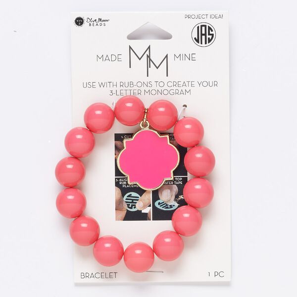 Bracelet, stretch, acrylic / enamel / gold-finished "pewter" (zinc-based alloy) / steel, pink, 14mm wide, 5-3/4 to 6-3/4 inches. Sold individually. image number 0