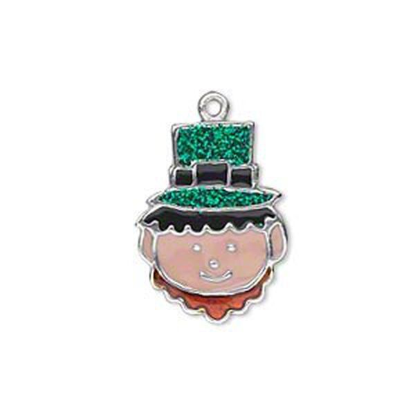 Charm, silver-finished "pewter" (zinc-based alloy) and enamel, green/black/brown/peach, 22x16mm single-sided leprechaun face with glitter hat. Sold per pkg of 2. image number 0