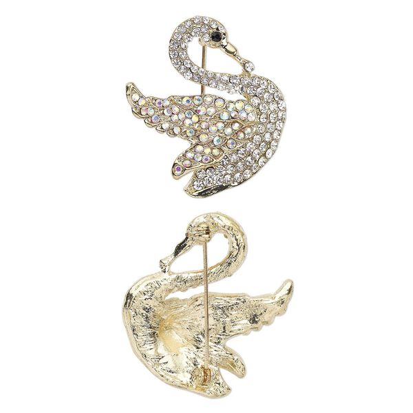 Brooch, glass rhinestone and gold-finished "pewter" (zinc-based alloy), clear AB / clear / black, 41x39mm swan. Sold individually. image number 0