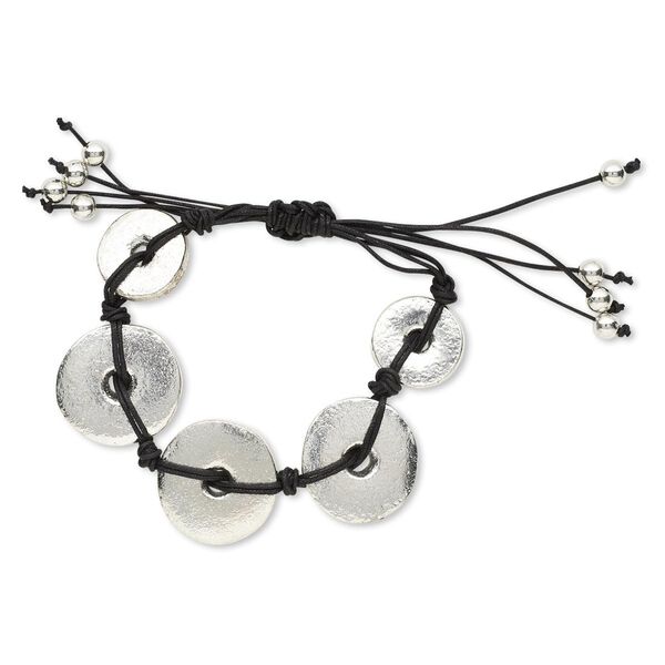 Bracelet, waxed cotton cord / silver-finished aluminum / silver-coated plastic, black, 20-27mm donut, adjustable from 7-11 inches with macramé knot closure. Sold individually. image number 0