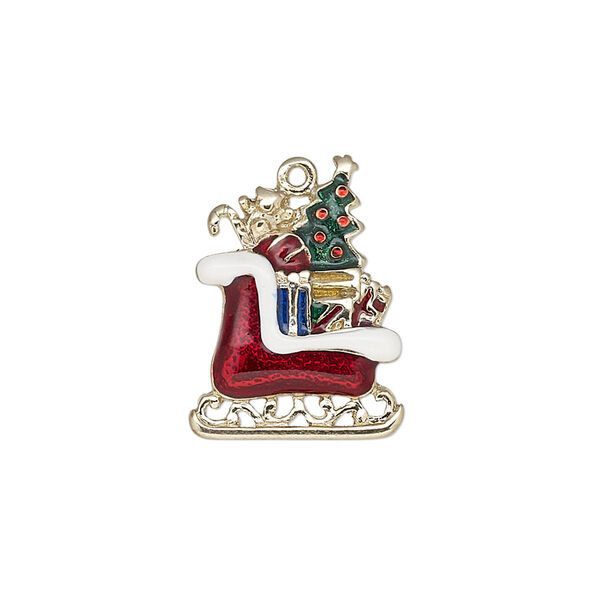 Charm, enamel and gold-finished "pewter" (zinc-based alloy), multicolored, 21x16mm single-sided sleigh with presents. Sold individually. image number 0