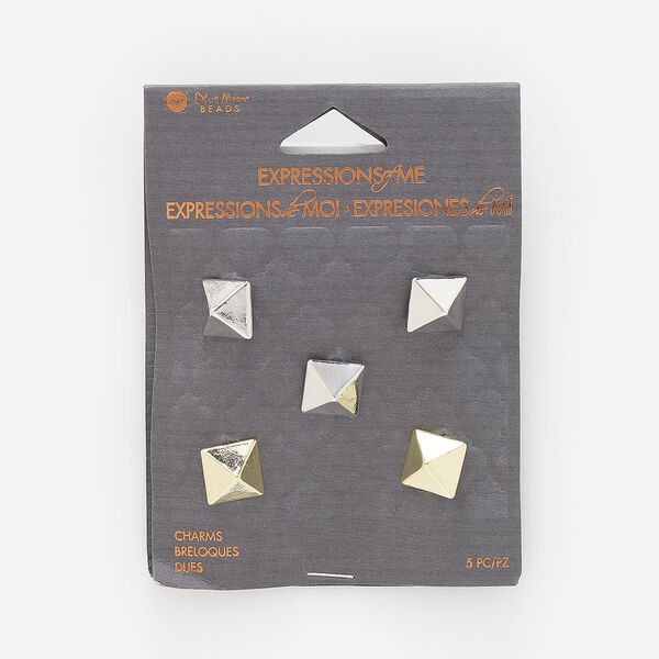Slide, gold- and silver-finished "pewter" (zinc-based alloy), 11mm square stud with 6.5mm hole. Sold per pkg of 5. image number 0