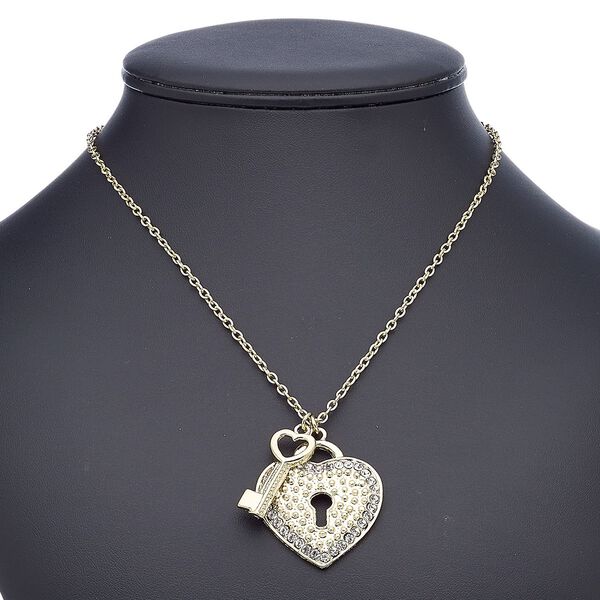 Necklace, glass rhinestone with gold-finished steel and "pewter" (zinc-based alloy), clear, 30x13mm key with 40x36mm heart lock, 18 inches with 2-inch extender chain and lobster claw clasp. Sold individually. image number 0