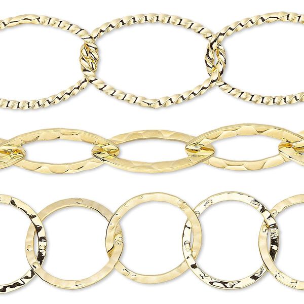 Chain, gold-plated brass, 14mm hammered round / 18x8mm hammered marquise / 21x14mm twisted oval. Sold per pkg of (3) 8-inch sections. image number 0
