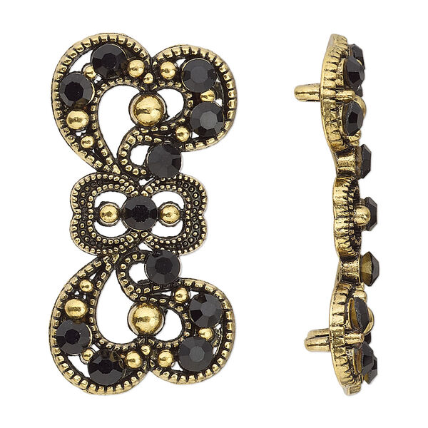 Spacer, antiqued gold-finished "pewter" (zinc-based alloy) and Czech glass rhinestone, black, 37x17mm 2-strand fancy bow. Sold per pkg of 4. image number 0