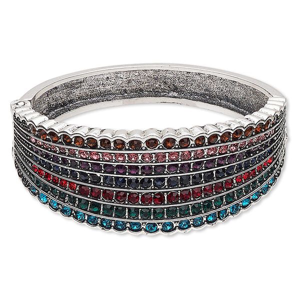 Bracelet, hinged bangle, glass rhinestone / antique silver-finished steel / "pewter" (zinc-based alloy), multicolored, 28mm wide with 7-row channel set, 6 inches. Sold individually. image number 0