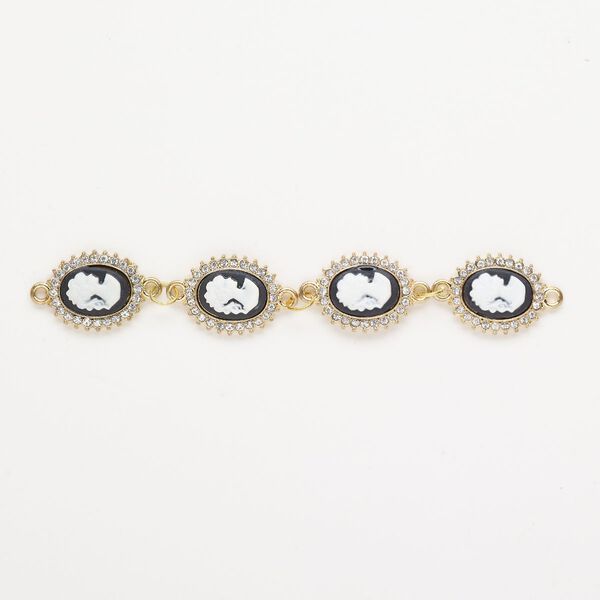 Link, gold-finished brass and steel / glass / acrylic, black / white / clear, 21x7mm faceted oval with cameo with lady. Sold per pkg of 4. image number 0