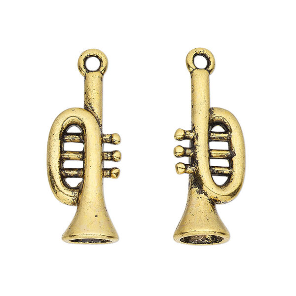 Charm, antique gold-finished "pewter" (zinc-based alloy), 26x11mm 3D trumpet. Sold per pkg of 4. image number 0