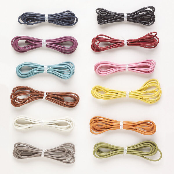 Cord, leather (dyed), assorted colors, 2mm round. Sold per pkg of (12) 4-foot sections. image number 0