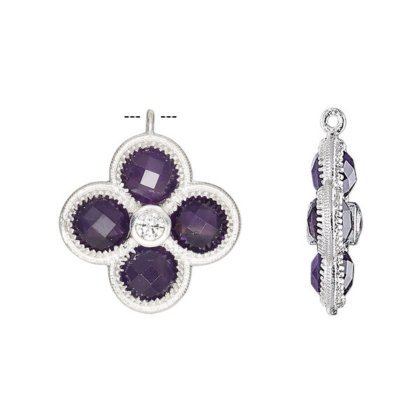 Drop, amethyst (natural) / cubic zirconia / sterling silver, clear, 19mm double-sided faceted flower. Sold individually. image number 0