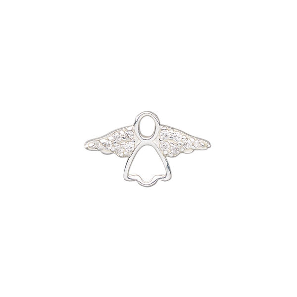 Charm, sterling silver and cubic zirconia, clear, 19x11mm single-sided open angel. Sold individually. image number 0