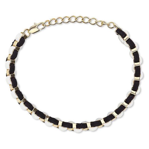 Brracelet, imitation leather with gold-finished brass and steel, black and white, 6mm wide, 6-1/2 inches with 2-inch extender chain and lobster claw clasp. Sold individually. image number 0