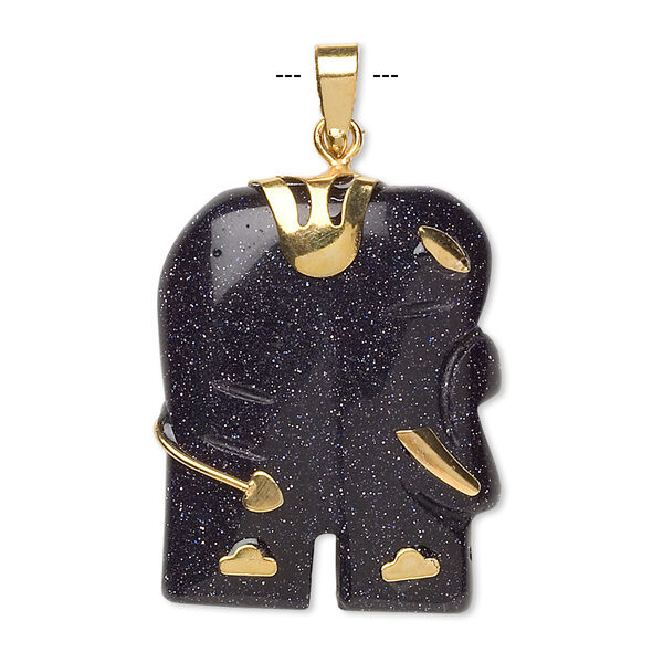 Pendant, blue goldstone (glass) (man-made) and gold-finished "pewter" (zinc-based alloy), 28x23mm-30x25mm single-sided elephant. Sold individually. image number 0