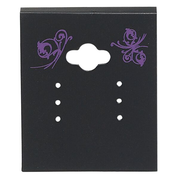 Earring card, PVC plastic, opaque black and purple, 2x1-1/2 inch square with butterfly design. Sold per pkg of 100. image number 0