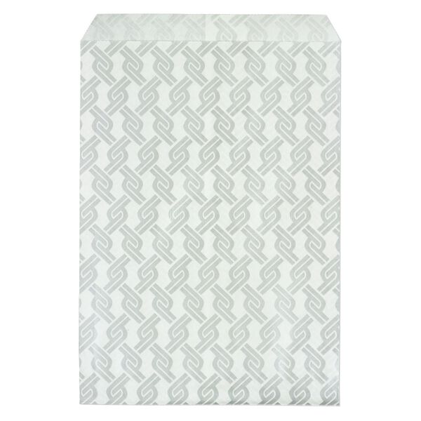 Bag, paper, white and silver, 7x5 inch rectangle with chainlink-print and scalloped top edge. Sold per pkg of 100. image number 0