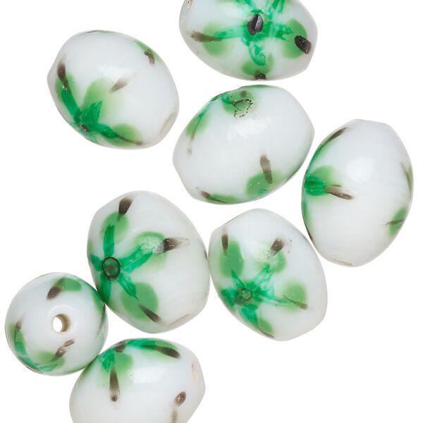 Bead, lampworked glass, opaque white / black / teal green, 14x11mm-13x10mm oval with painted flower design. Sold per pkg of 8. image number 0