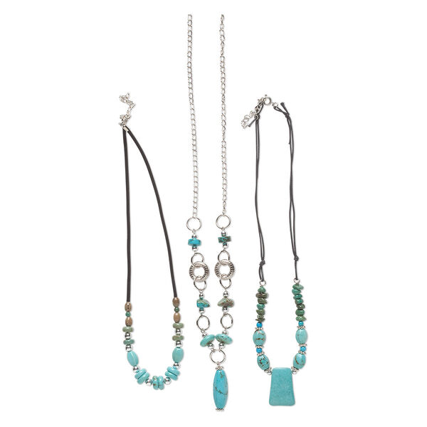Magnesite / steel / ccb plastic 1pkg3, silver-finished necklace mix / 18-22 inch / 2 inch extender chain / springring clasp / 33x10mm-37x11mm image number 0