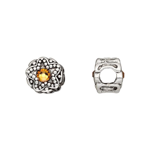 Bead, Dione®, antique silver-plated pewter (tin-based alloy) and crystal rhinestone, golden topaz yellow, 11mm double-sided round with star design. Sold individually. image number 0