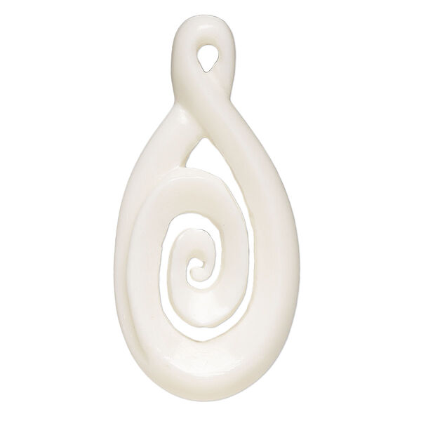 Focal, bone (bleached), 43x21mm hand-cut single-sided carved teardrop with swirl, Mohs hardness 2-1/2. Sold individually. image number 0