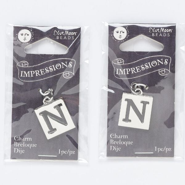 Drop, silver-finished "pewter" (zinc-based alloy) and steel, 16x15mm square with cutout "N." Sold per pkg of 2. image number 0
