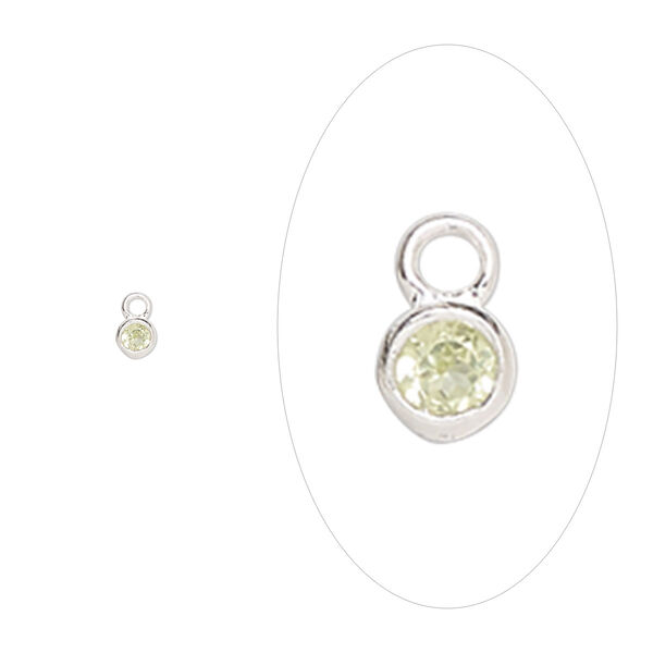 Drop, sterling silver and cubic zirconia, August peridot, 2.5mm single-sided birthstone round. Sold per pkg of 2. image number 0