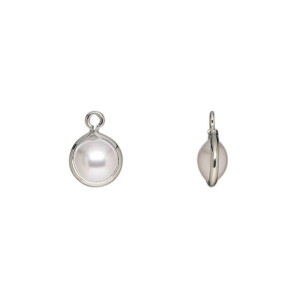 Drop, acrylic pearl and imitation rhodium-finished brass, opaque cream, 8mm double-sided round. Sold per pkg of 10. image number 0