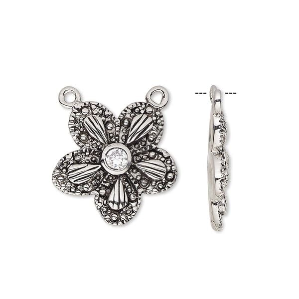 Connector, cubic zirconia and antique silver-plated bronze, clear, 19x19mm single-sided flower with 4mm faceted round and closed loops. Sold individually. image number 0