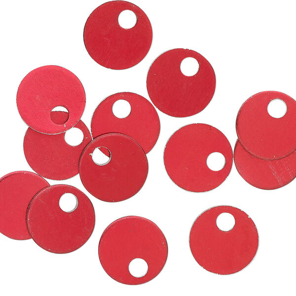 Drop, anodized aluminum, red, 9mm double-sided flat round blank with 2mm hole, 20 gauge. Sold per pkg of 20. image number 0