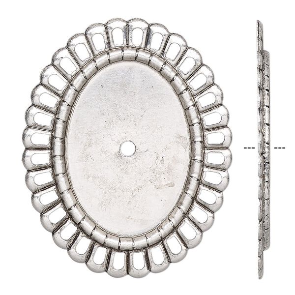 Mount, antique silver-finished brass, 37x30mm fancy oval with rope edge and 25x18mm oval setting. Sold per pkg of 6. image number 0