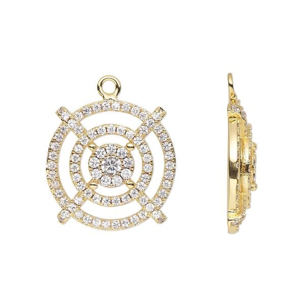 Drop, cubic zirconia and gold-finished brass, clear, 22mm single-sided round. Sold individually. image number 0